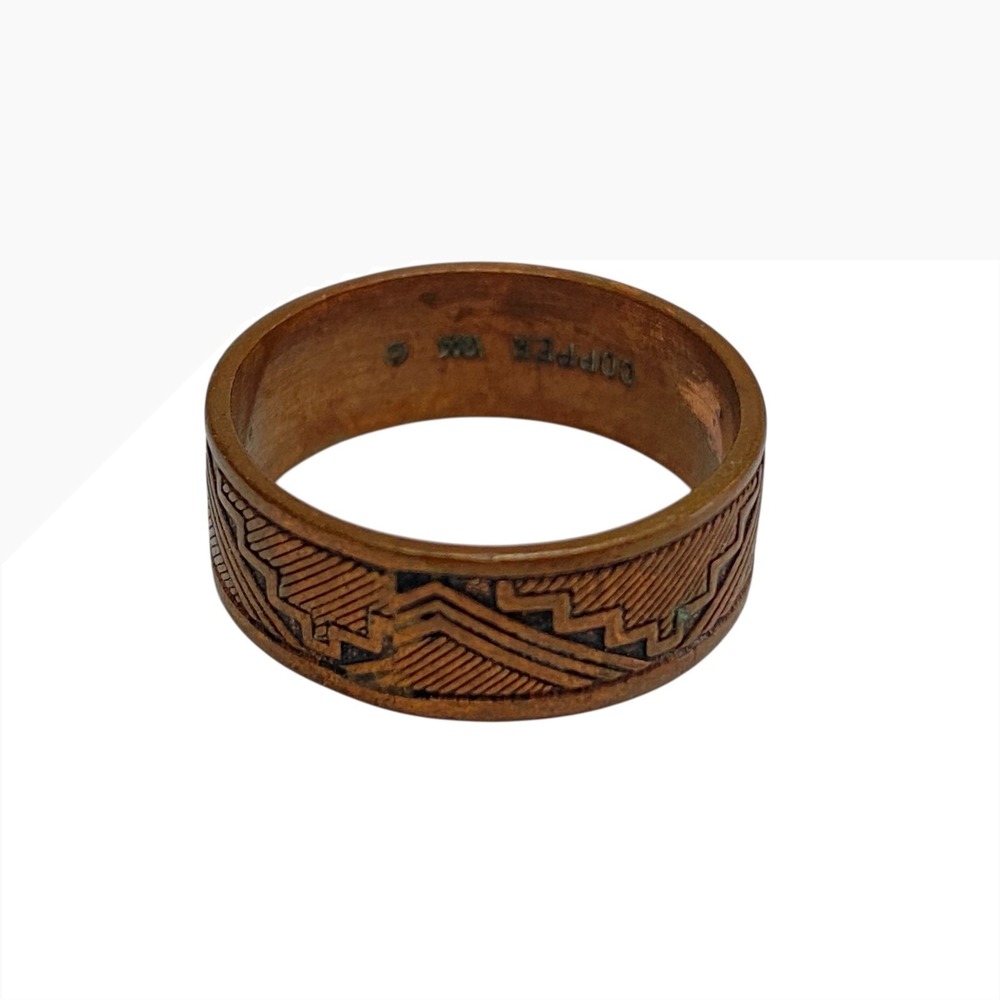 Vintage Copper Ring Aztec Tribal Pattern Band Ring Women's Old Money